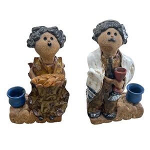 Pair of Jewish baker & rabbi ceramic pottery Figurines Blue candlestick holders